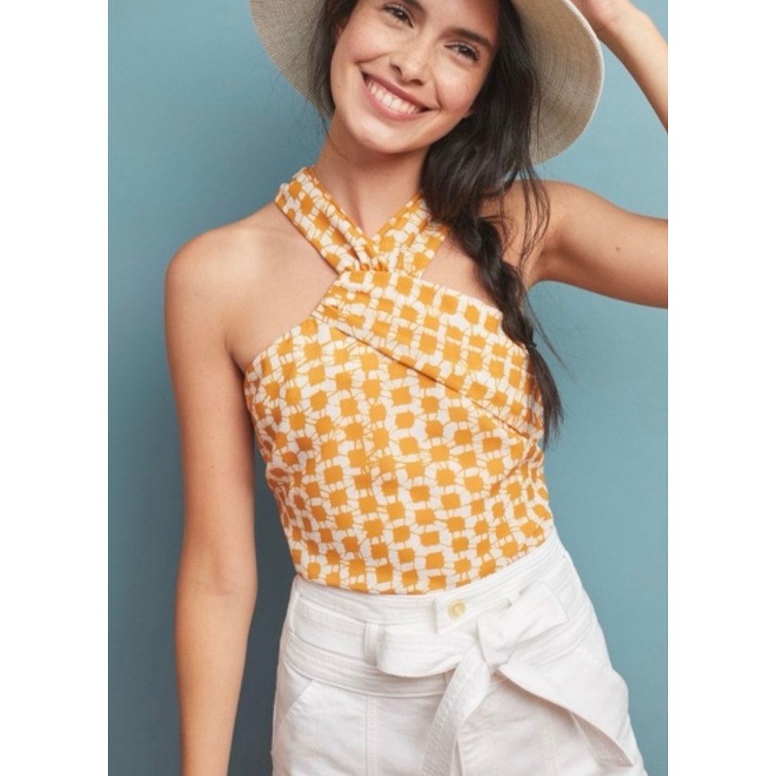 Anthropologie Waverly Grey Yellow Batik Sleeveless Halter Twist Blouse Womens Xl